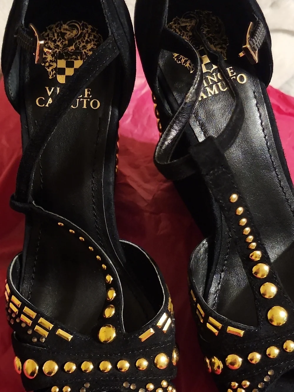 Vince Camuto Black Studded Open-Toe Heels with Gold Accents